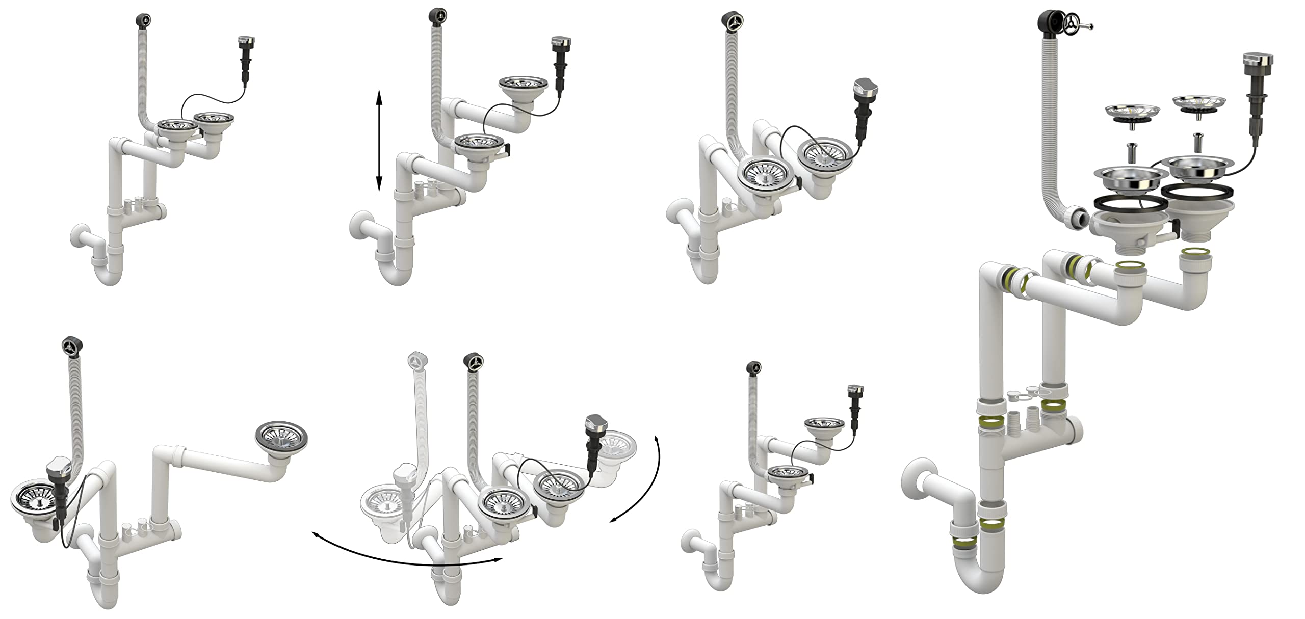 Siphon double raccord peu encombrant - Bonde d'évier de cuisine - Kit avec raccord pour lave-vaisselle - Diamètre : 115 mm - Bonde pour 2 bacs avec bouchons automatiques - Chromé Granitan