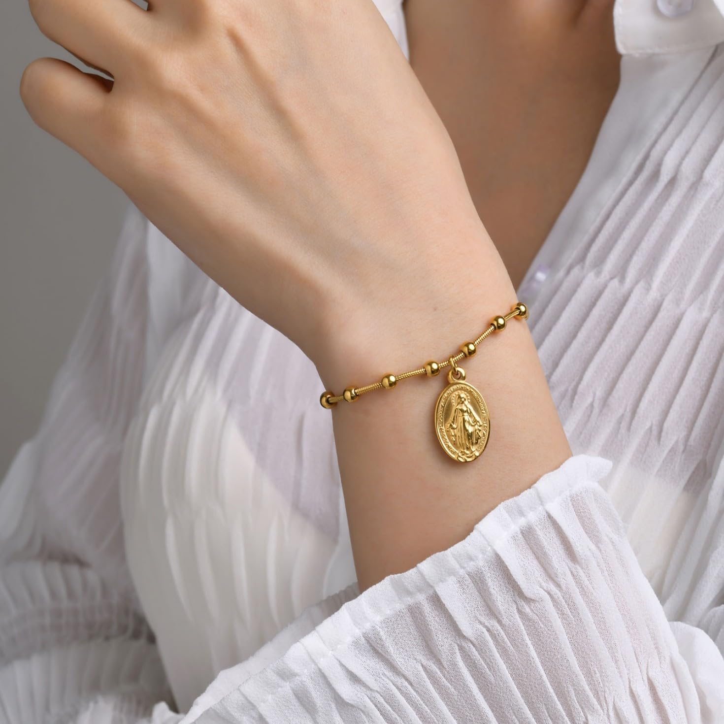 Virgin Mary Bracelet,Dainty14k Gold Plated Rosary Bead Cross Bracelets Religious Baptism Virgen de Guadalupe Bracelets Catholic Jewelry Gifts for Women - Image 5