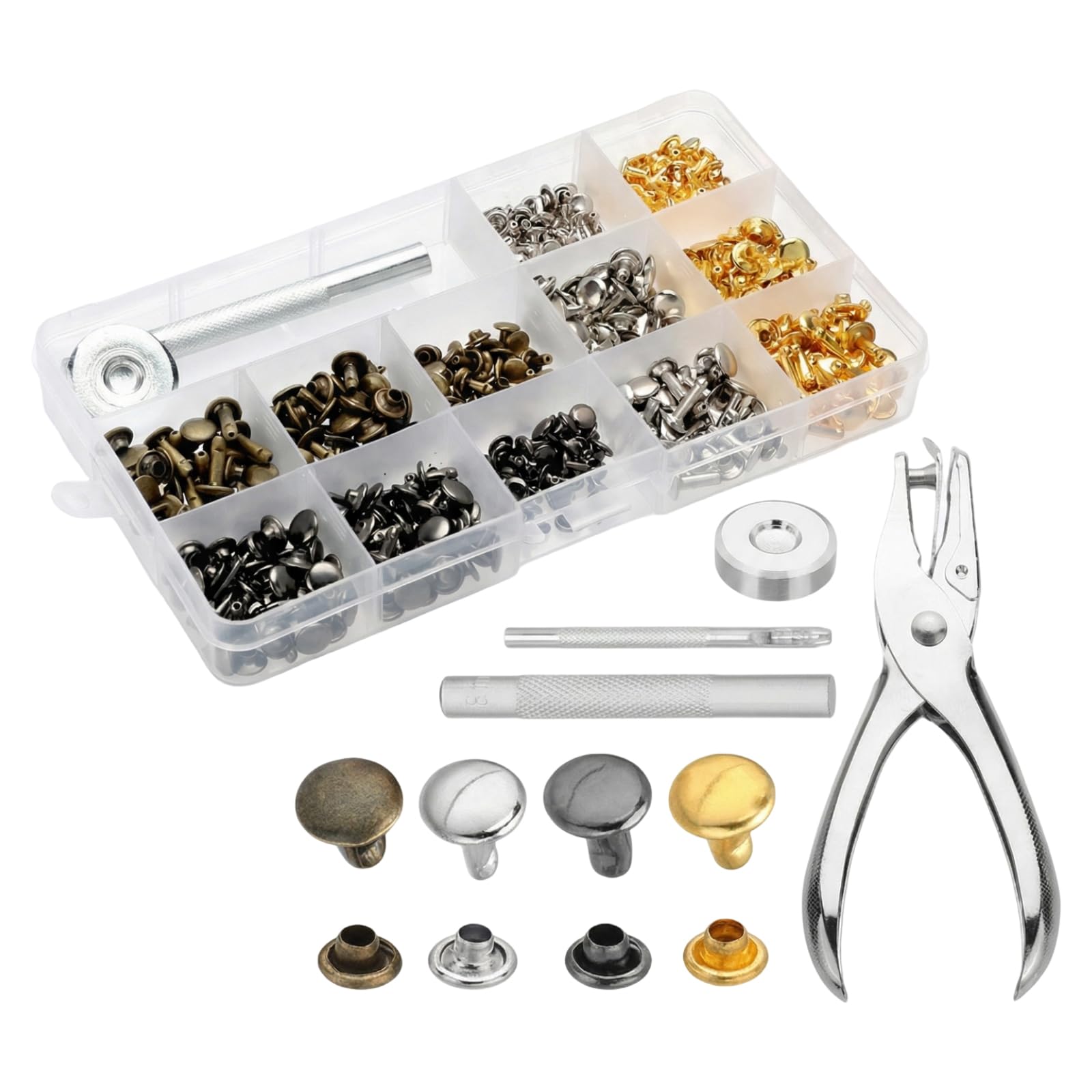 Leather Rivets Kit, 360Pcs Leathercraft Double Cap Rivets, 4 Colors 6mm 8mm 12mm with Punch Tool and Fixing Tool Rivets, Metal Double Cap Tubular Rivets for DIY Leather Craft Clothes Shoes