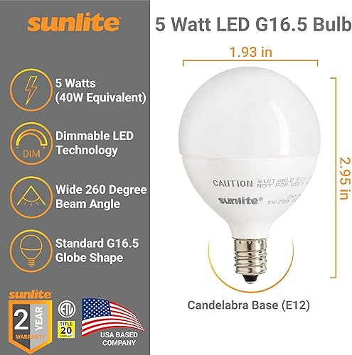 Miniatura 2 de Sunlite Bombilla LED G16.5 82041, 5 vatios (equivalente a 40 W), 350 lúmenes, 90 CRI, base de candelabro (E12), escarcha, regulable, Energy Star,