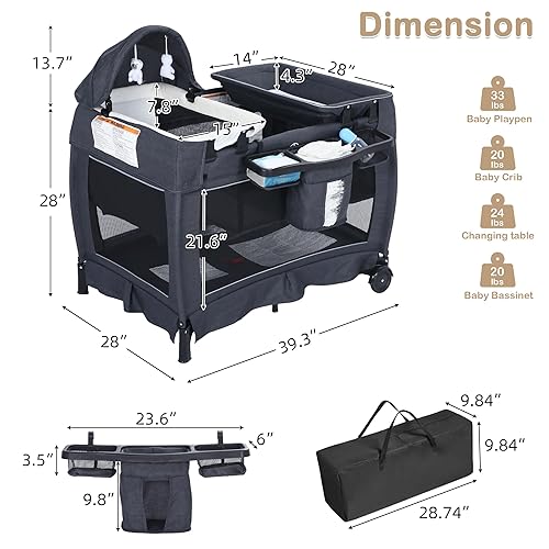 Miniatura 7 de Paquete y juego multifuncional 4 en 1, corrales plegables para bebés con cambiador y malla transpirable, corralito para bebés y niños pequeños, gris