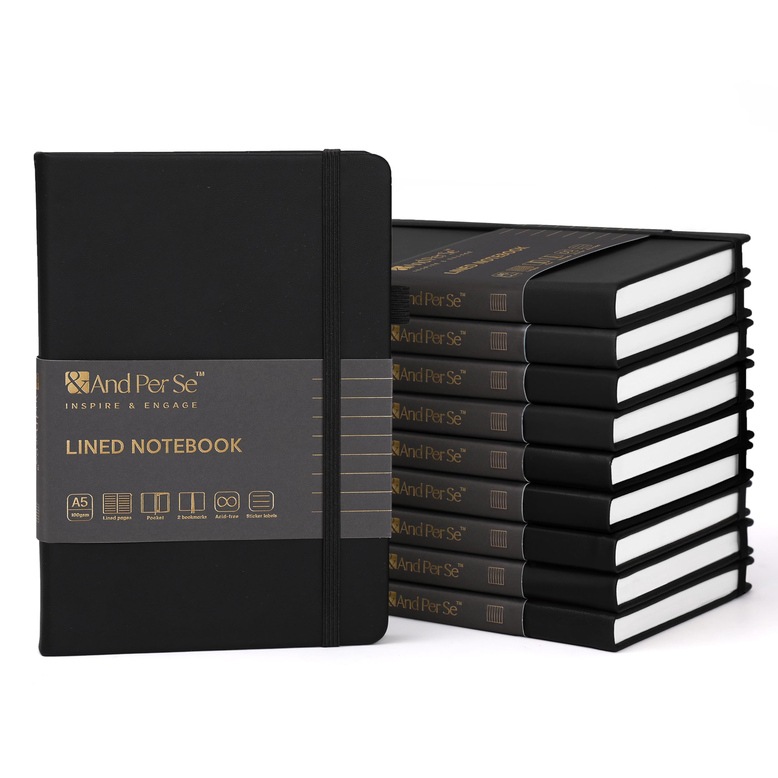 &And Per Se Lined Journal Notebook (10 Packs), 160 Pages, A5 5.7 x 8 inches College Ruled Thick Paper Notebook Journals for Writing, Hardcover Notebooks for Women Men Office School (Black)