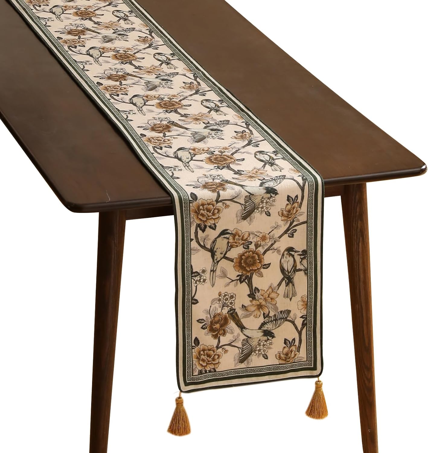isaenne designer vintage beige linen table runner 102 inches long,elegant floral and bird pattern decor table runners for dining tables,thanksgiving,christmas,banquet,party,12"*102"-murad a murad a 12x102 inches