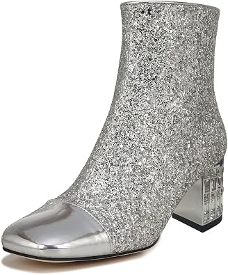 Women Square Round Cap Toe Glitter Block Heel Booties Side Zip Crystal Chunky Ankle Boots for Party Event Shoes