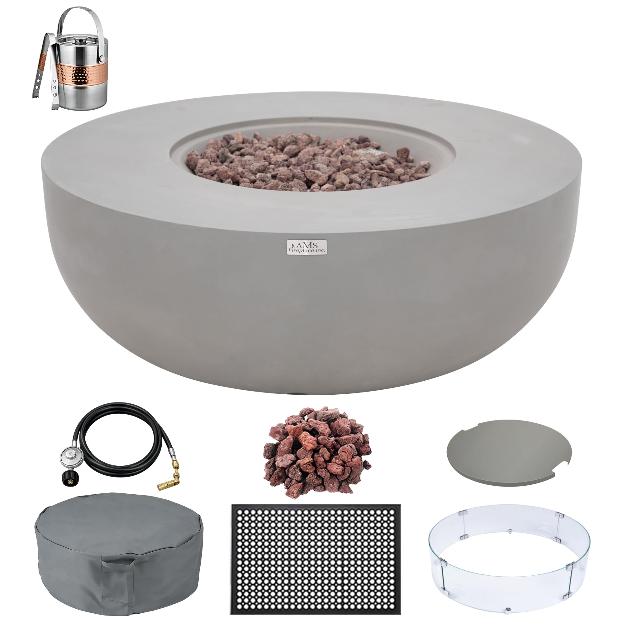 AMS 44" Round Concrete Natural Gas Fire Pit Table Bowl Bundle (Light Gray)