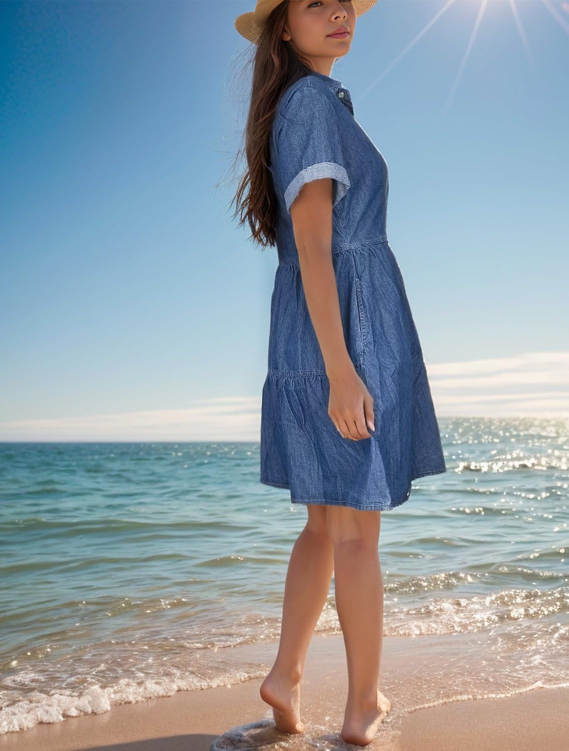 Denim Dress for Women Short Sleeve Button Down Jean Dresses Womens Casual Babydoll Denim Dresses with Pockets - Image 3