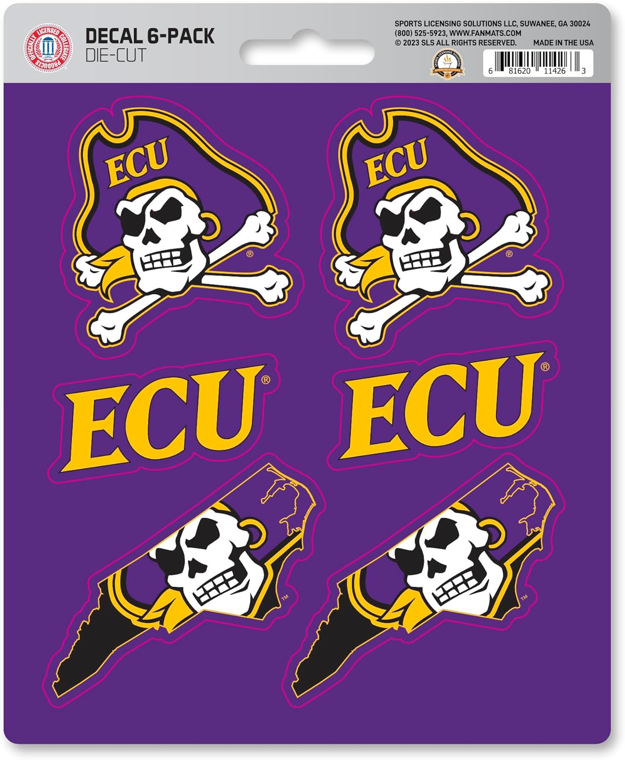 FANMATS 39736 East Carolina University Decal 6-pk - Works On Hard Surfaces - for Homes, Cars, Trucks, SUVs, Personal Items, Laptops, Cell Phones | Purple | 5” x 6.25” | 6 Various Logos/Wordmark