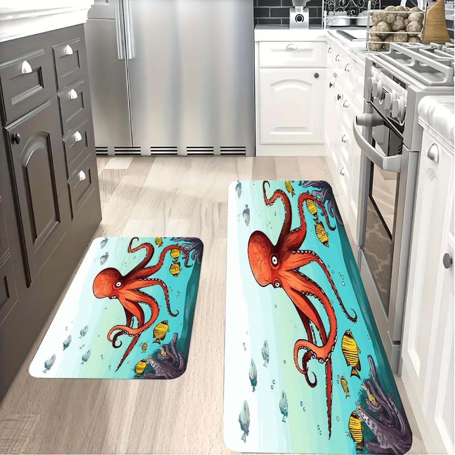Giant Octopus Kitchen Mats with 2PCS Non-Slip Washable,Kitchen Rug Heavy Duty Durable, Floor Mats for Kitchen,Office,Sink,Laundry
