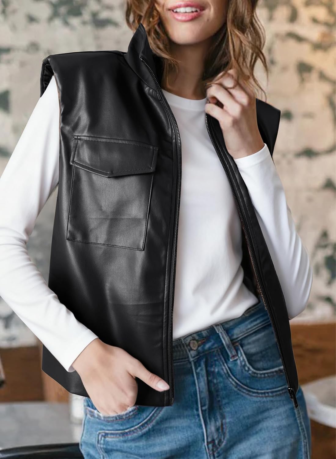 EVALESS Faux Leather Jacket Women Sleeveless Motorcycle Coat Zip Up Vest Jackets Fall Fashion Outfits Winter Clothes - Image 3