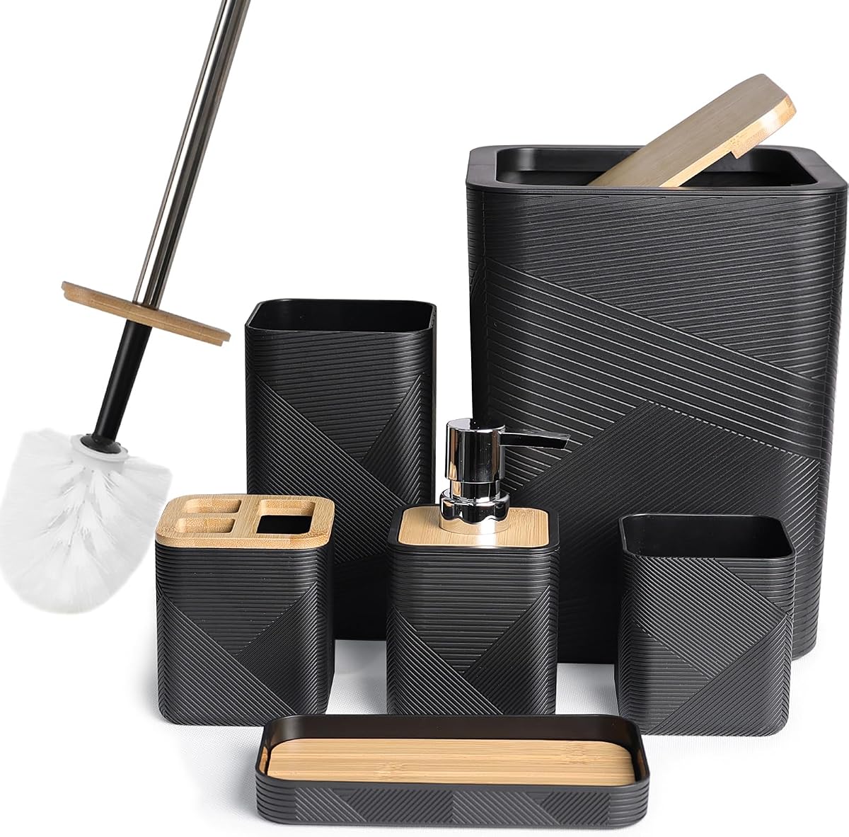 Bamboo Bathroom Accessories Set 6 Piece Square Spiral Set,Black | Includes Soap Dispenser, Toothbrush Holder, Toothbrush Cup, Soap Dish for Decorative Countertop and Housewarming Gift