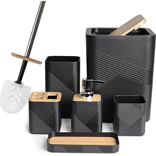 CERBIOR Bathroom Accessories Set 6 Piece Bamboo Bath Ensemble Includes Soap Dispenser, Toothbrush Holder, Toothbrush Cup, Soap Dish for Decorative Countertop and Housewarming Gift (Black)