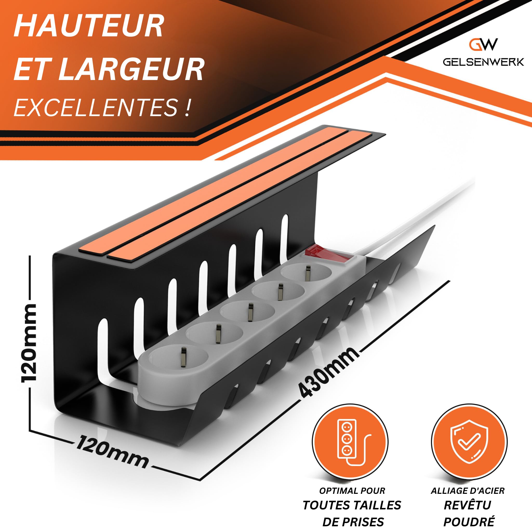 Set De 2 Conduites De Câbles Gelsenwerk® Noir sans Perçage - Support 43x12x12cm avec Tuyau De Câble - Chemin pour Gestion Câbles Lieu De Travail Et Ordre Bureau