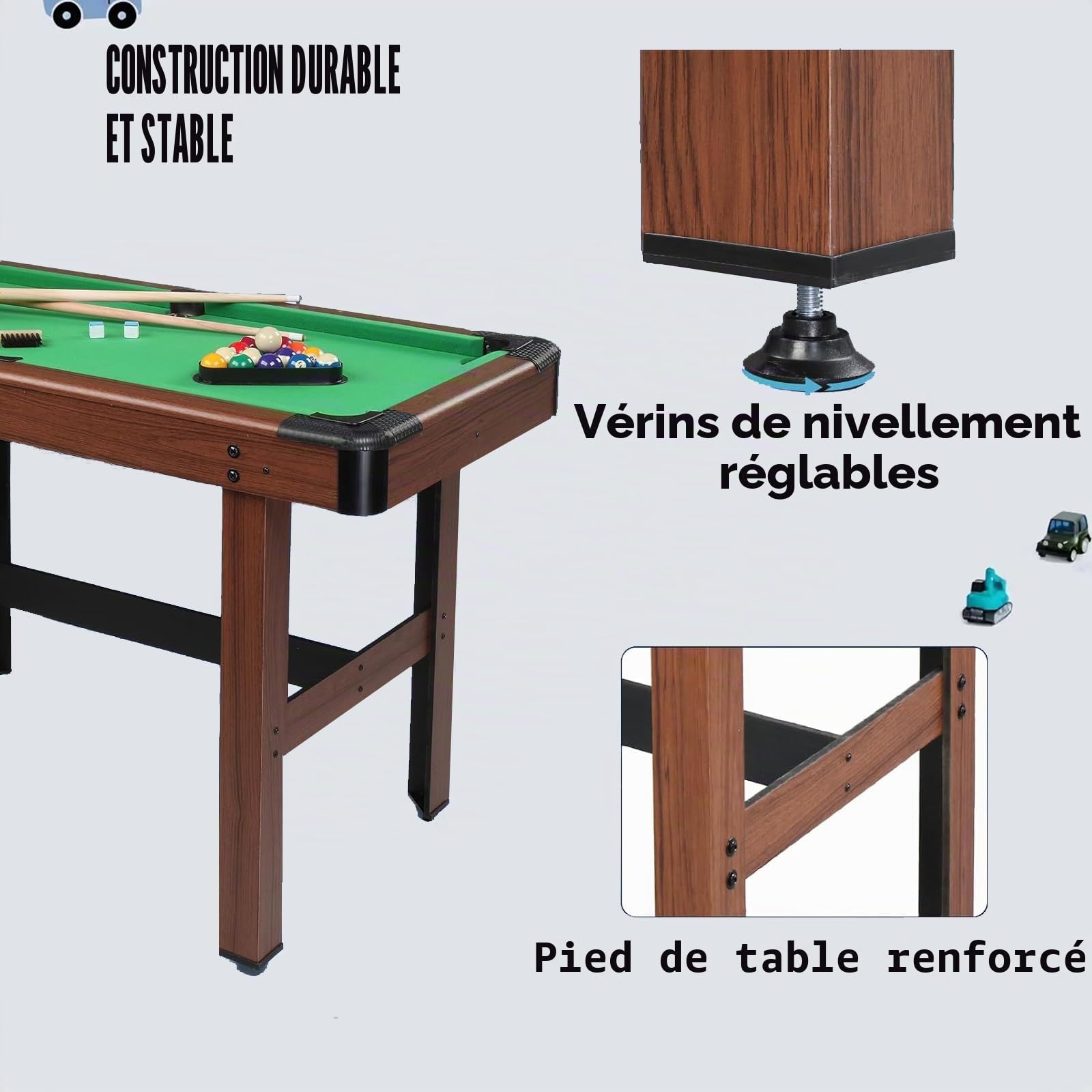 Table de billard FCOUMY de 1,22 m, table de billard en bois avec 16 balles, 2 queues, 2 craies, support à triangles et brosse, set de table de snooker pour enfants et adultes