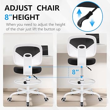 Primy Armless Mid-Back Ergonomic Standing Desk Chair - Mesh Rolling Tall Chair, Adjustable Height and Footring, Art Room, Office or Home (White)