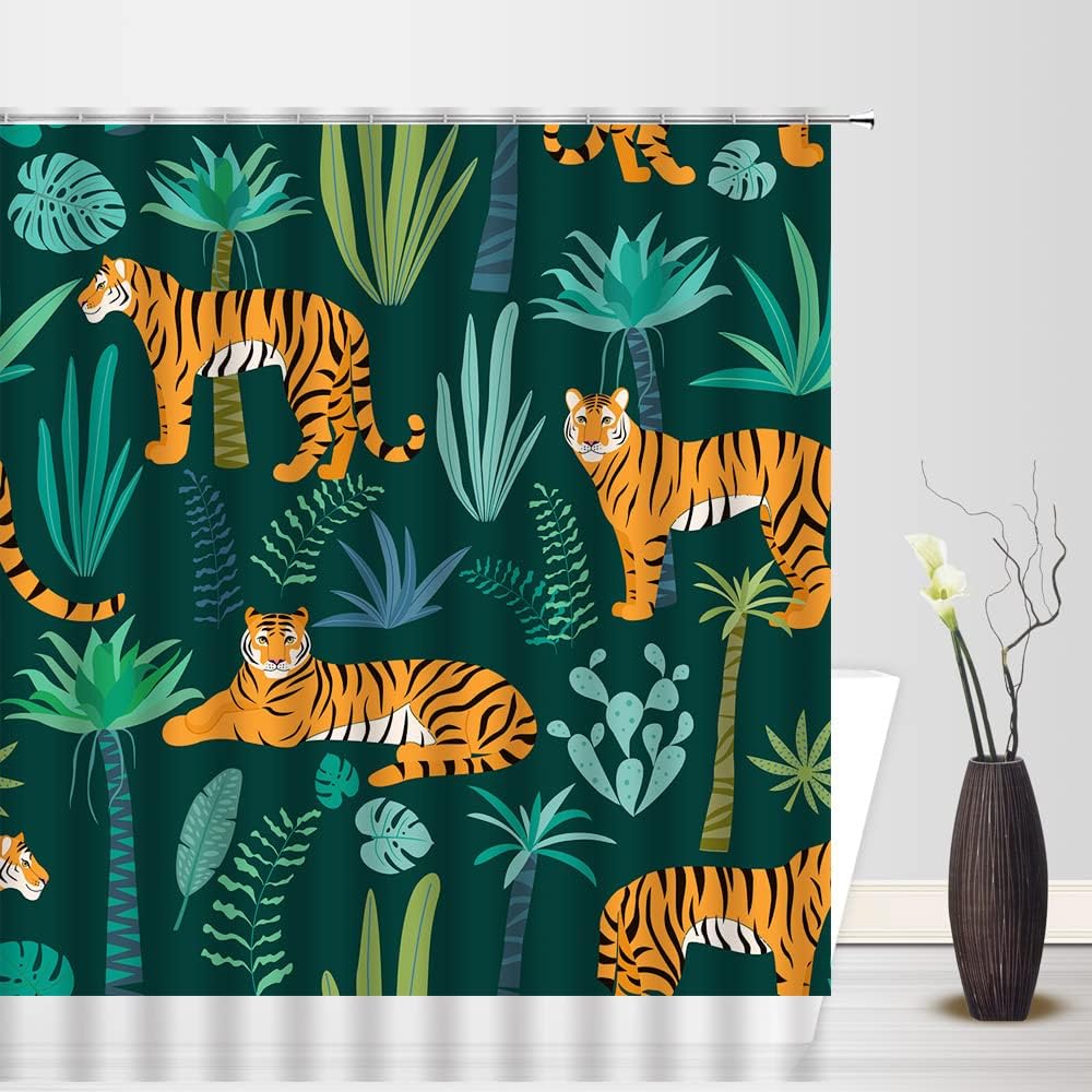 Tiger Shower Curtain Tropical Plant Palm Leaf Wildlife Leopar Big Cat Animal Jungle Rainforest Banana Monstera Forest Tree Fabric Bathroom Sets with Hooks,Green Blue Yellow