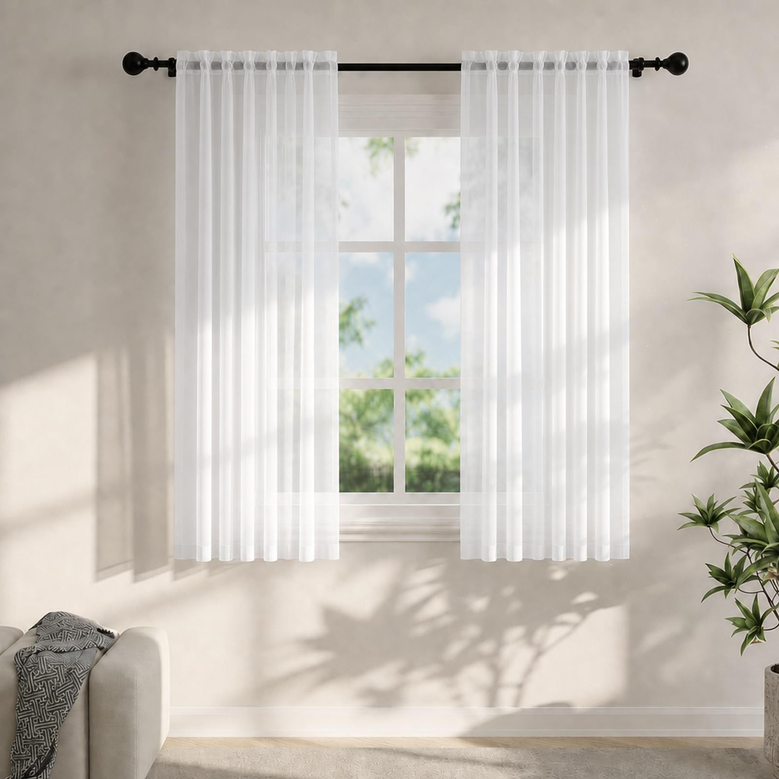 Flgef Voile Curtains for Windows 54 Drop, 2 Panels Dual Rod Pocket Sheer Curtains, Light Filtering White Net Curtains for Living Room Bedroom Kitchen, W56xL54 Inches โ image 1