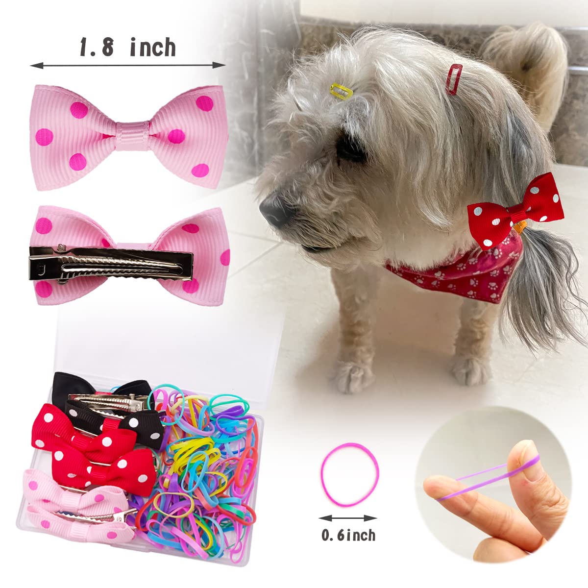 BENSEAO Dog Hair Clips Dog Bows Pet Hair Accessories 6Pcs/3 Pairs of Dogs Hair Clips for Dog Cat, 100 Rubber Bands, Puppy Hair Clips Storage Box (Dots)