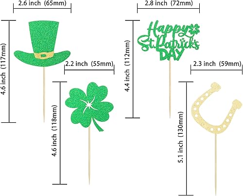 Miniatura 2 de Gyufise Paquete de 24 adornos para cupcakes del día de San Patricio, trébol de cuatro hojas, sombrero de trébol de cuatro hojas, para decoración de