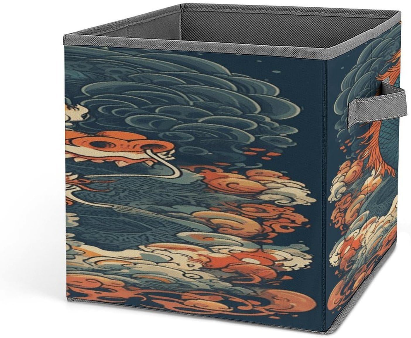 Retro Dragon Pattern Fabric Bins Storage Basket Square Baskets | Storage Bin with Double Handles,Cube Collapsible Organizers for Organization,Closet,Shelves,Offices