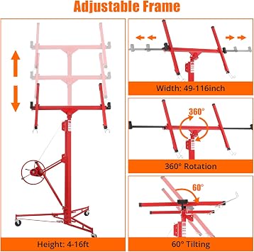 Garvee Drywall Lift 16 ft, Drywall Jack Lift for Ceiling, Adjustable Panel Hoist, 150 LBS Heavy Duty Drywall Lifter, 3 Lockable Wheels Foldable Sheetrock Lift for Home Improvement, Red