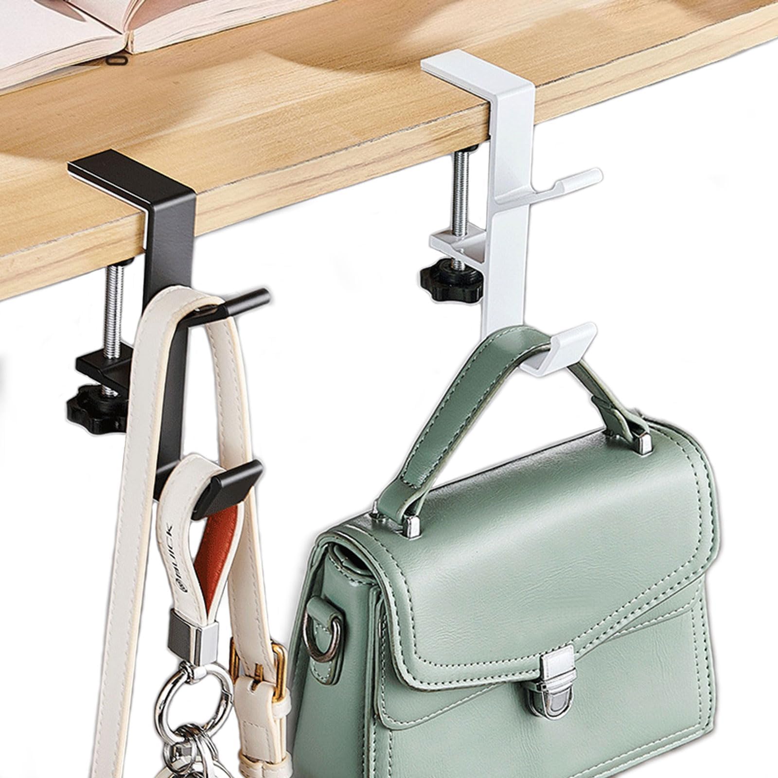 KISOY 2PCS Desk Hook, Under Desk Handbag Hanger Purse Hook for Table,Backpack Hanger Purse Holder for Desk Adjustable Can Hook Bags, Umbrellas,Headphone Holder(1White+1Black)