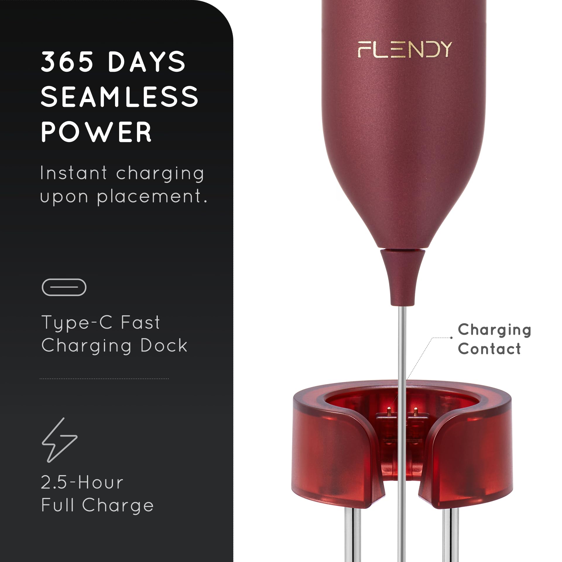 Flendy Montalatte ricaricabile palmare, montalatte portatile con supporto di ricarica USB-C, miscelatore elettrico per bevande, mini frusta elettrica per caffè, Matcha, ecc