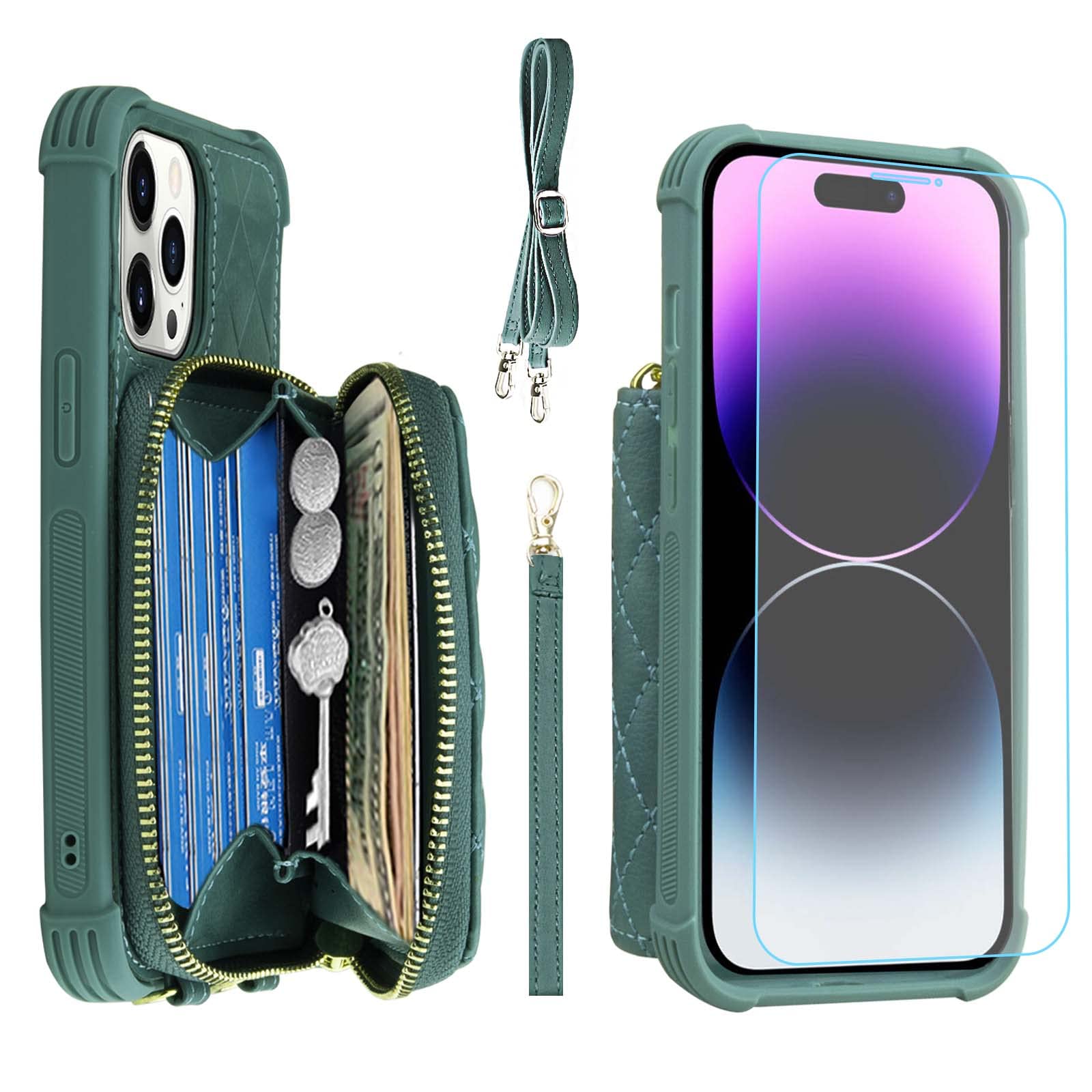 MONASAY Zipper Wallet Case Fit for iPhone 14 Pro, 6.1in [Glass Screen Protector ][RFID Blocking] Flip Leather Handbag Phone Cover with Card Holder,