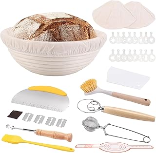 Kit Pain Maison Paniere a Pain Rond Panier Sourdough Starter Faire avec Outils Fabrication Proofing Basket en Rotin Naturel Baking Levain Compressible Accessoires avec Lame Boulanger, Doublure en Lin