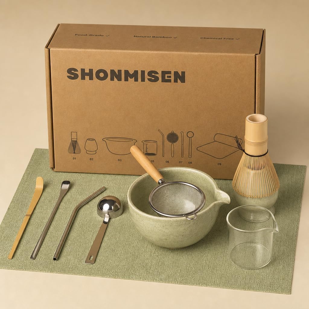 SHONMISEN Matcha Whisk Set with Matcha Bowl, Matcha Whisk Holder,Bamboo Matcha Whisks, Scoop, Sifter,Stir stick,Japanese Ceremony Matcha Tea Powder Making Tools(10pcs set)