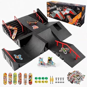 CS COSDDI 14in1 Fingerboard Park, 6 Skateboards, Skates& Stickers | Anti-Skid Modular Skate Park,Shock Resistant,Multiple Layouts,ABS Ramps,Half Pipe and Rails,Fits Most Standard Skateboards