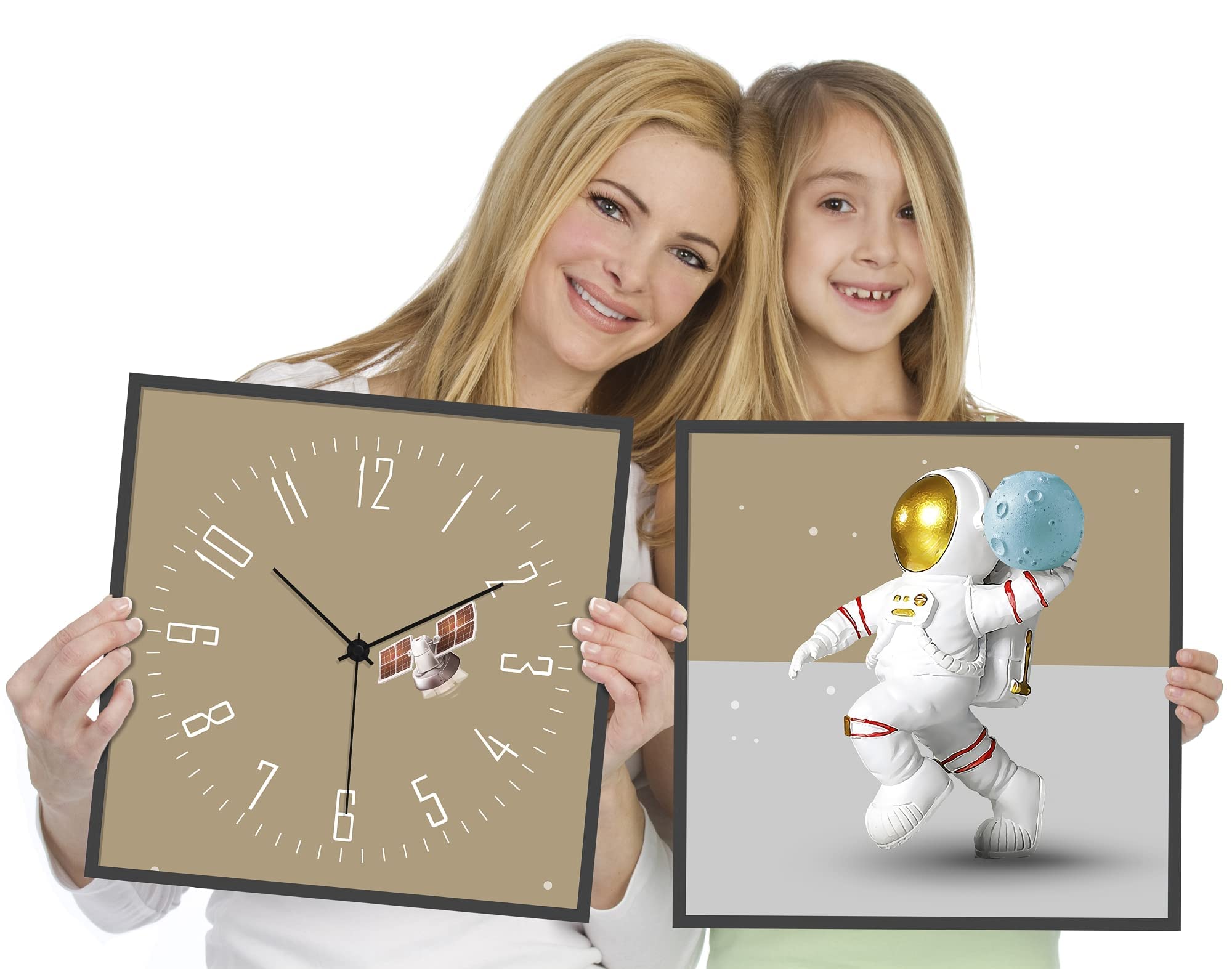 TIME TREE Wall Clock Silent Non Ticking Battery Operated, 12''x12'' Astronaut Crystal Porcelain Square Clock Artwork Wall Clock for Living Room Decor - Wall Clock for Bedroom & Office Clock, 2pcs