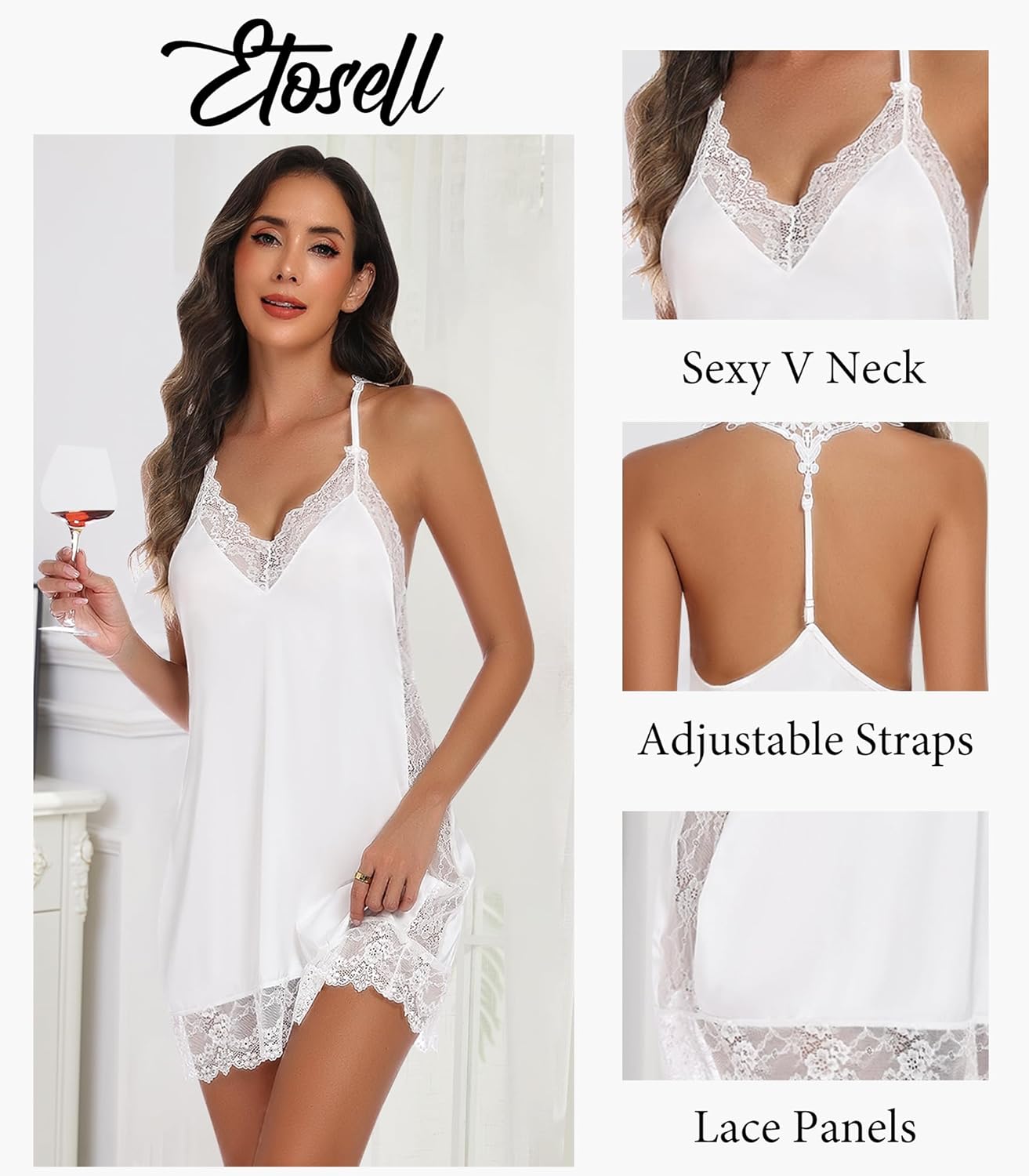 Womens Sexy Lingerie Lace Satin Nightgowns Silky Sleep Night Dress Short Chemise Halter Neck Sleepwear - Image 5