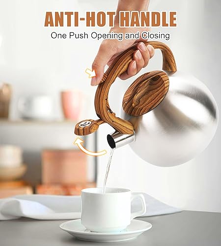 Miniatura 5 de Estufa de té silbante de 3.2 cuartos de galón, ollas de té para estufa, acero inoxidable de grado alimenticio con mango de patrón de madera, color