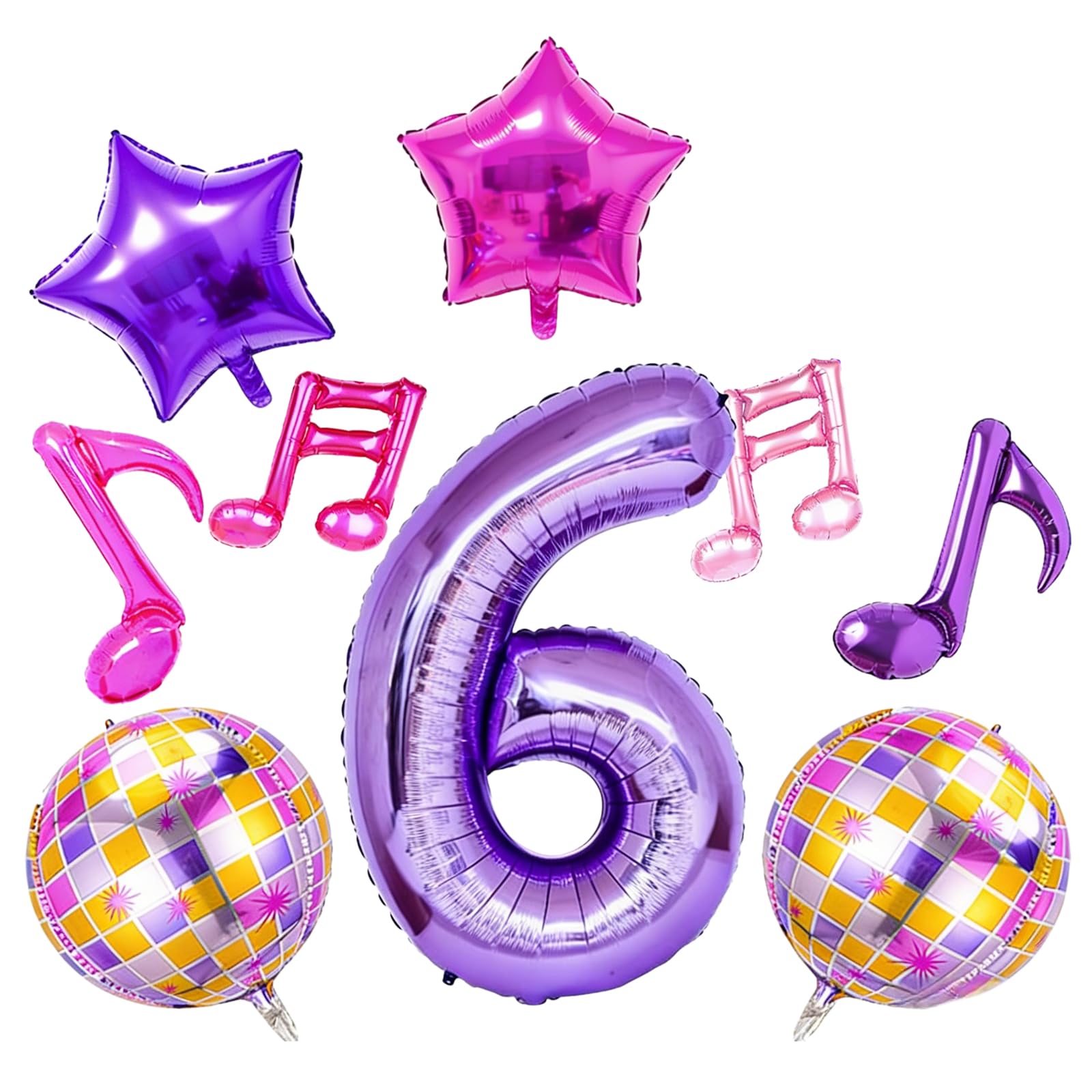 9Pcs Disco Party Balloons, Pink & Purple Music Themed Foil Balloons for 6 Year Old Birthday, Guitar & Musical Note Decor, Disco Ball Party Supplies for Girls Kids