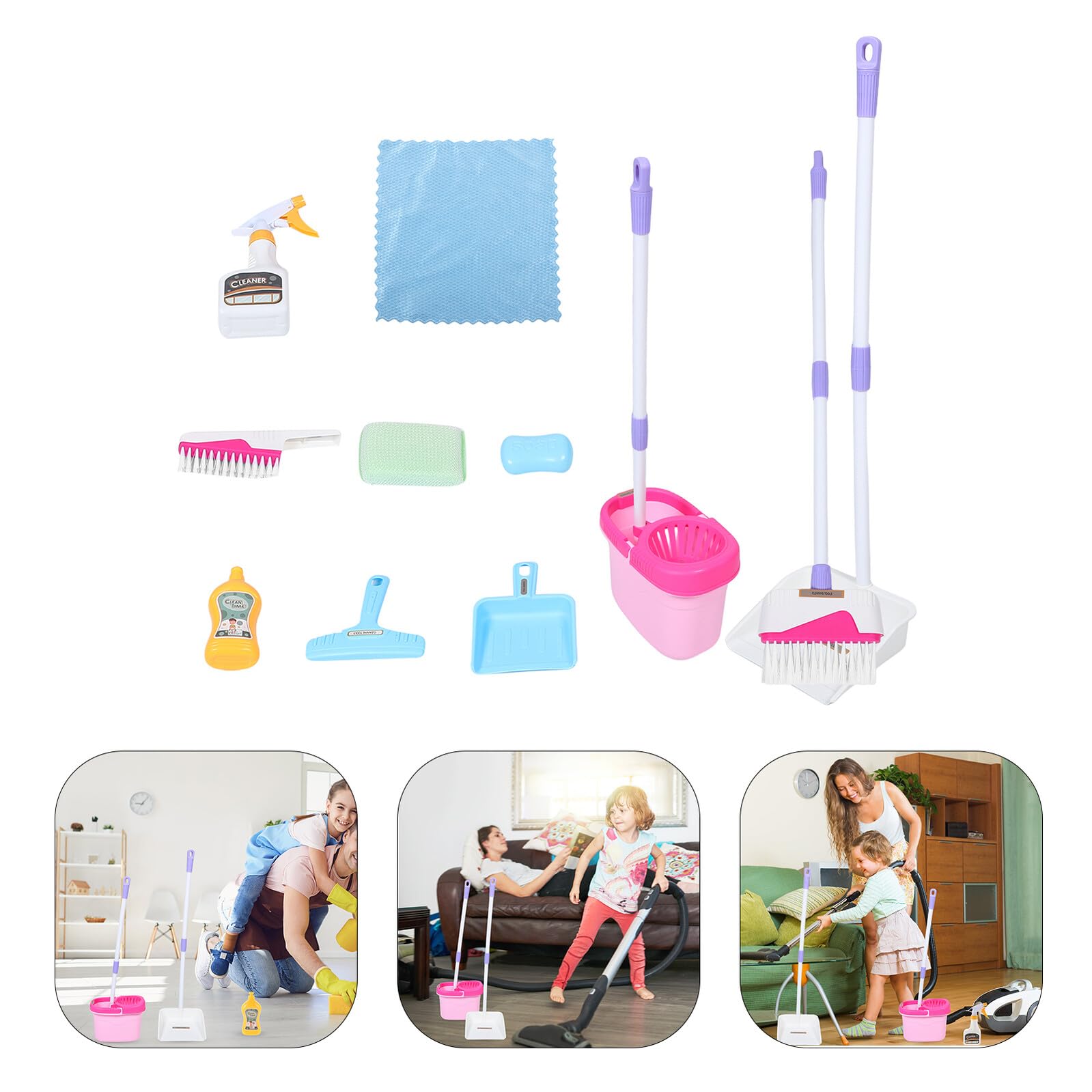 Juego de Limpieza Infantil 12 Piezas para Pequeños, Recogedor de Basura y Escoba de Plástico Rosa, Juguetes Interactivos para Mejorar Coordinación y Juego de rol Doméstico