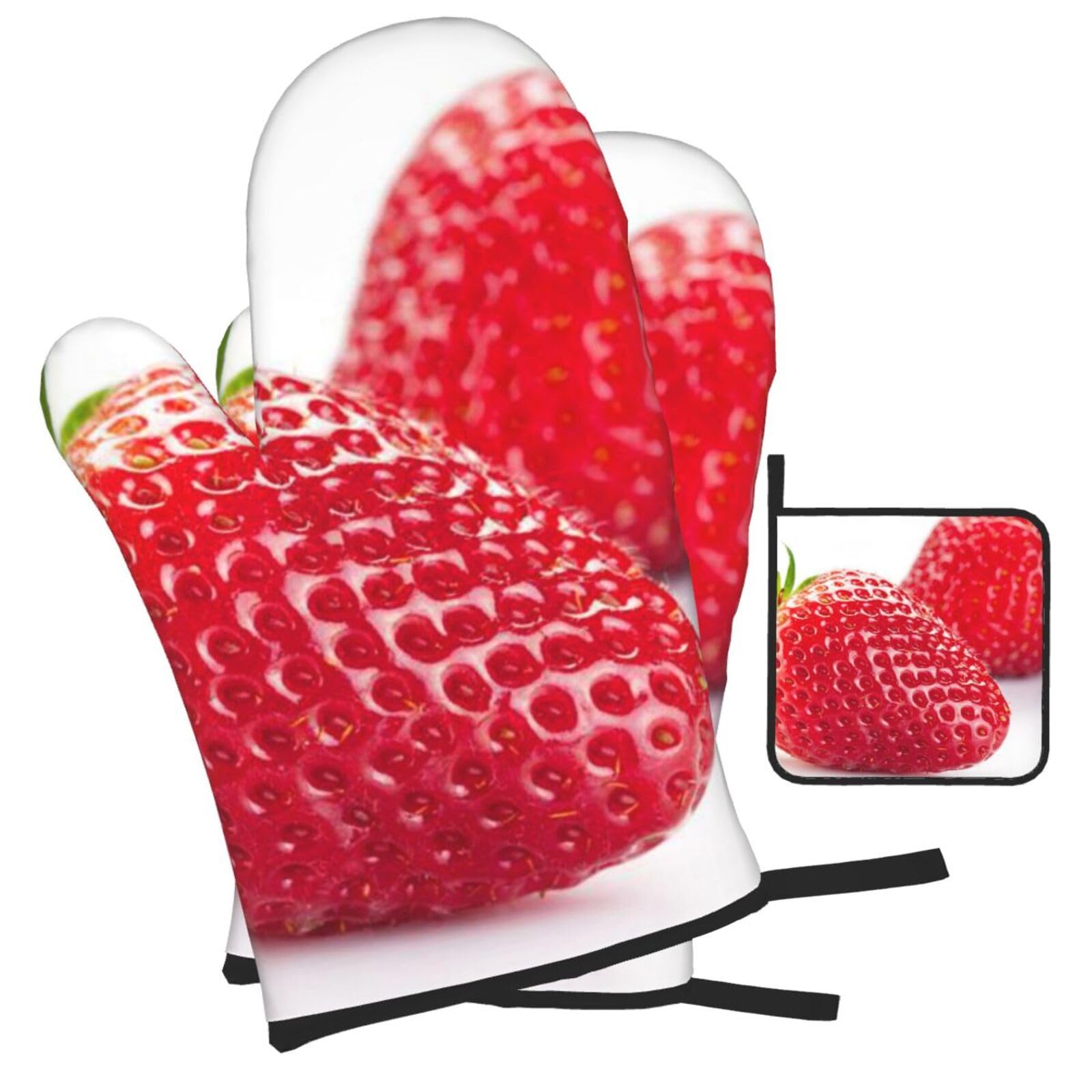 Strawberry Printed Oven Mitts and Pot Holders Heat Resistant Set of 3 Pcs, Modern Kitchen Gloves & Potholders for Cooking Baking Grilling