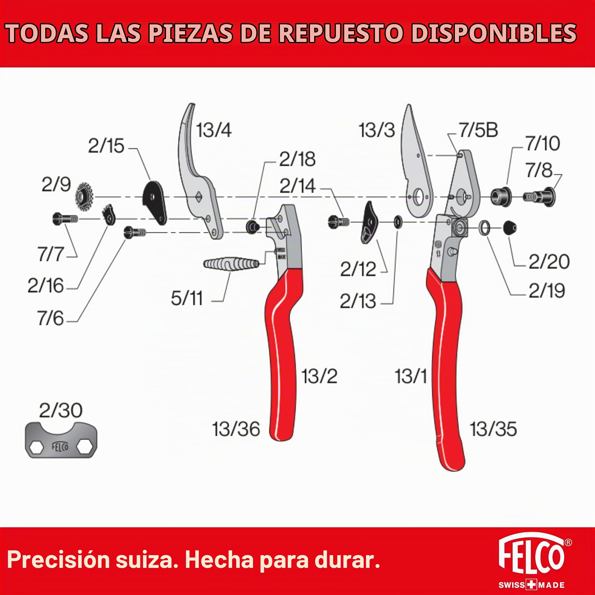 FELCO 13 tijeras de podar para diestros con manos grandes, corte 30 mm | Mango alargado para el agarre a dos manos y más fuerza en ramas gruesas. Aluminio forjado. Swiss Made.