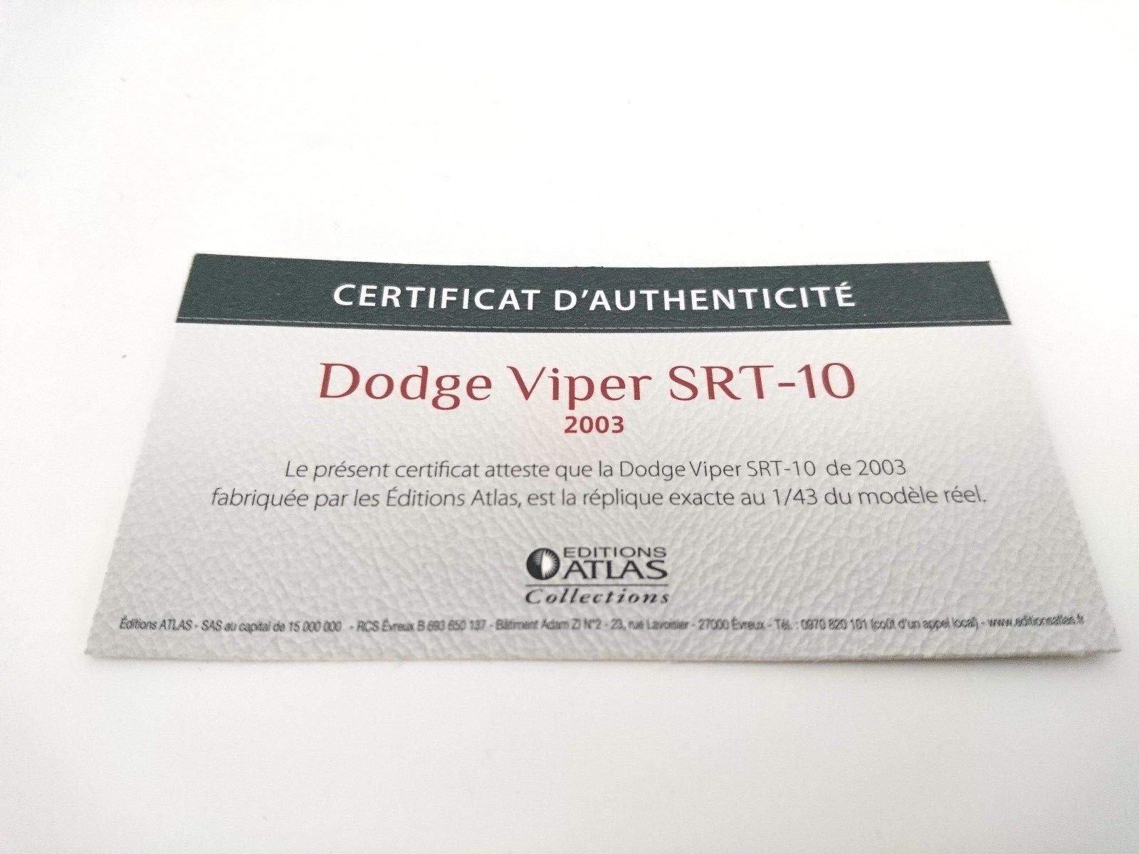 Atlas Dodge Viper SRT-10 – Édition Limitée « Mes Voitures Mythiques » Par Dominique Chapatte – Diécaste 1:43