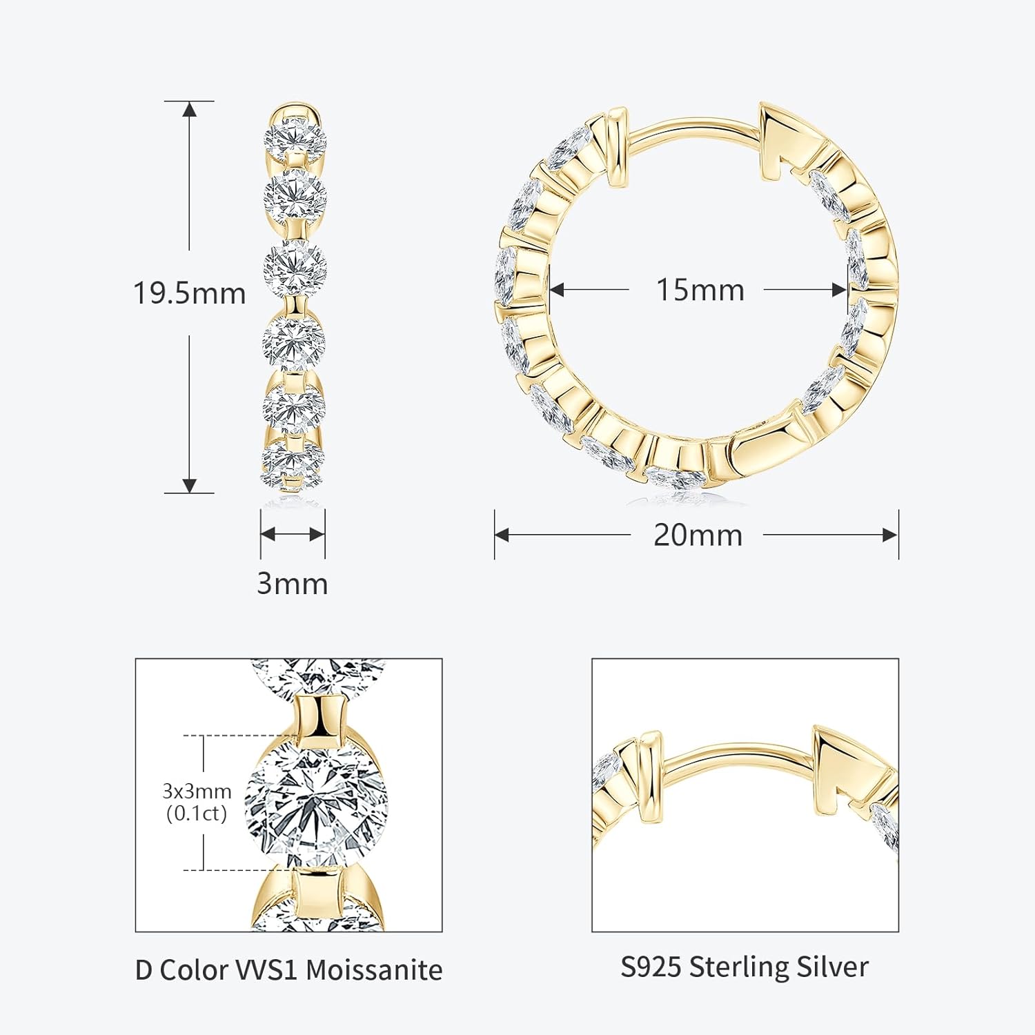 Moissanite Hoop Earrings for Women, 2.2cttw D Color 3mm Round Cut Moissanite 925 Sterling Silver Round Earrings for Mom Wife Wedding Birthday Jewerly Gifts - Image 3