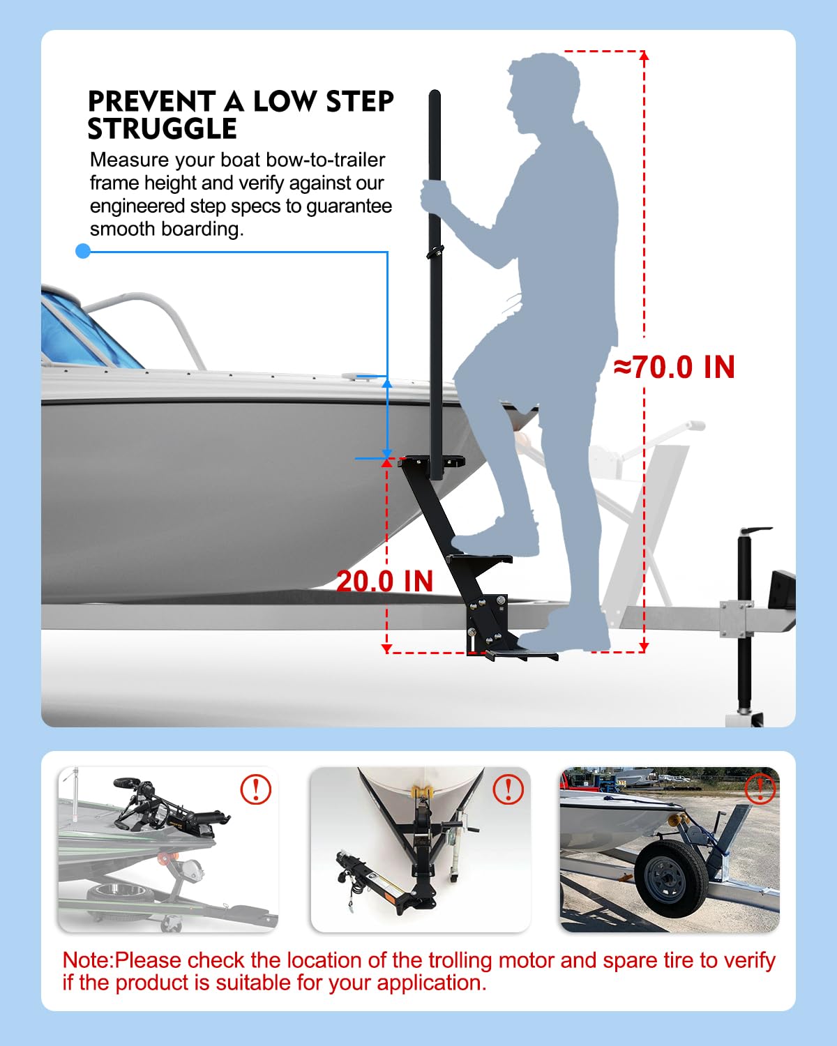 Escalones de remolque de barco, escalones de lengüeta de remolque resistentes con asa, ajuste universal para 3 x 3 pulgadas, 4 x 4 pulgadas y 3 x 5 pulgadas (3 escalones, banda de rodadura | Superficie antideslizante, capacidad de 450 libras
