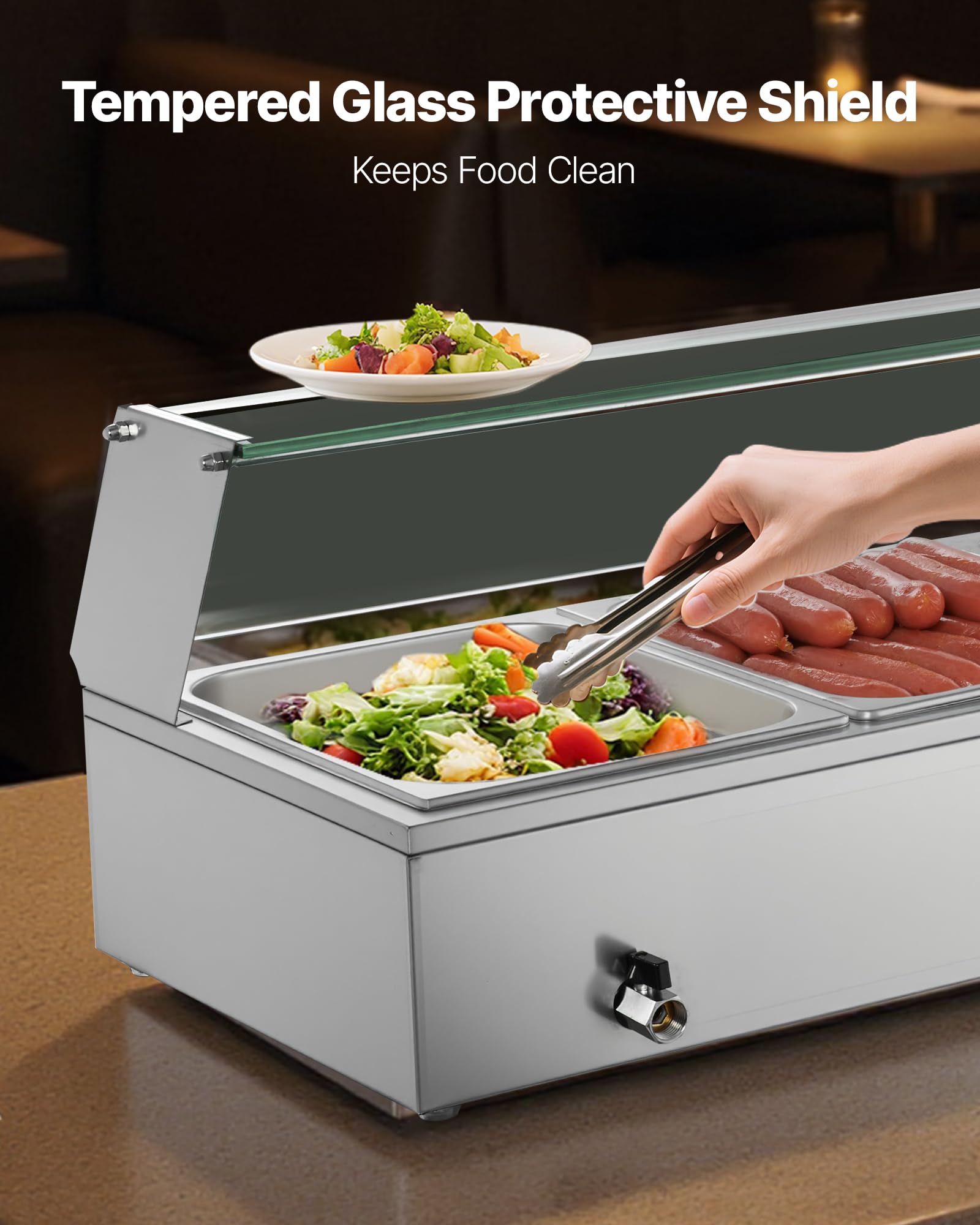 VEVOR Elektryczny podgrzewacz do żywności ze szklaną pokrywką i 5 pojemnikami, 1,5 kW, stal nierdzewna, z łaźnią wodną, do restauracji, na imprezy, bufety, 30-85℃, 1450 x 365 x 335 mm, srebrny