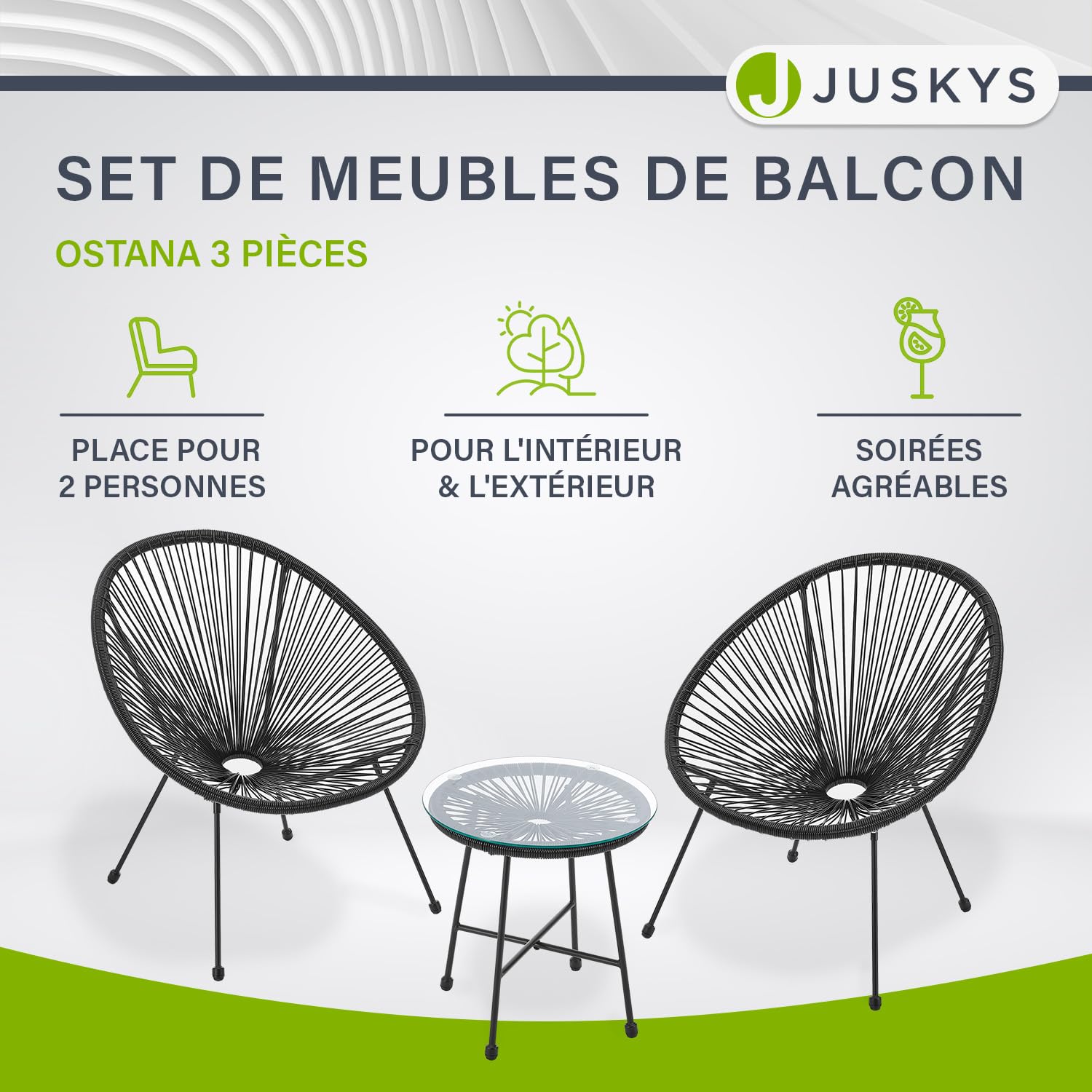 Juskys Ensemble de Meubles de Balcon Ostana en 3 Parties - Table et 2 fauteuils - Groupe de sièges élégant pour Balcon, terrasse et Jardin - Ensemble de Meubles de Jardin pour Balcon Noir