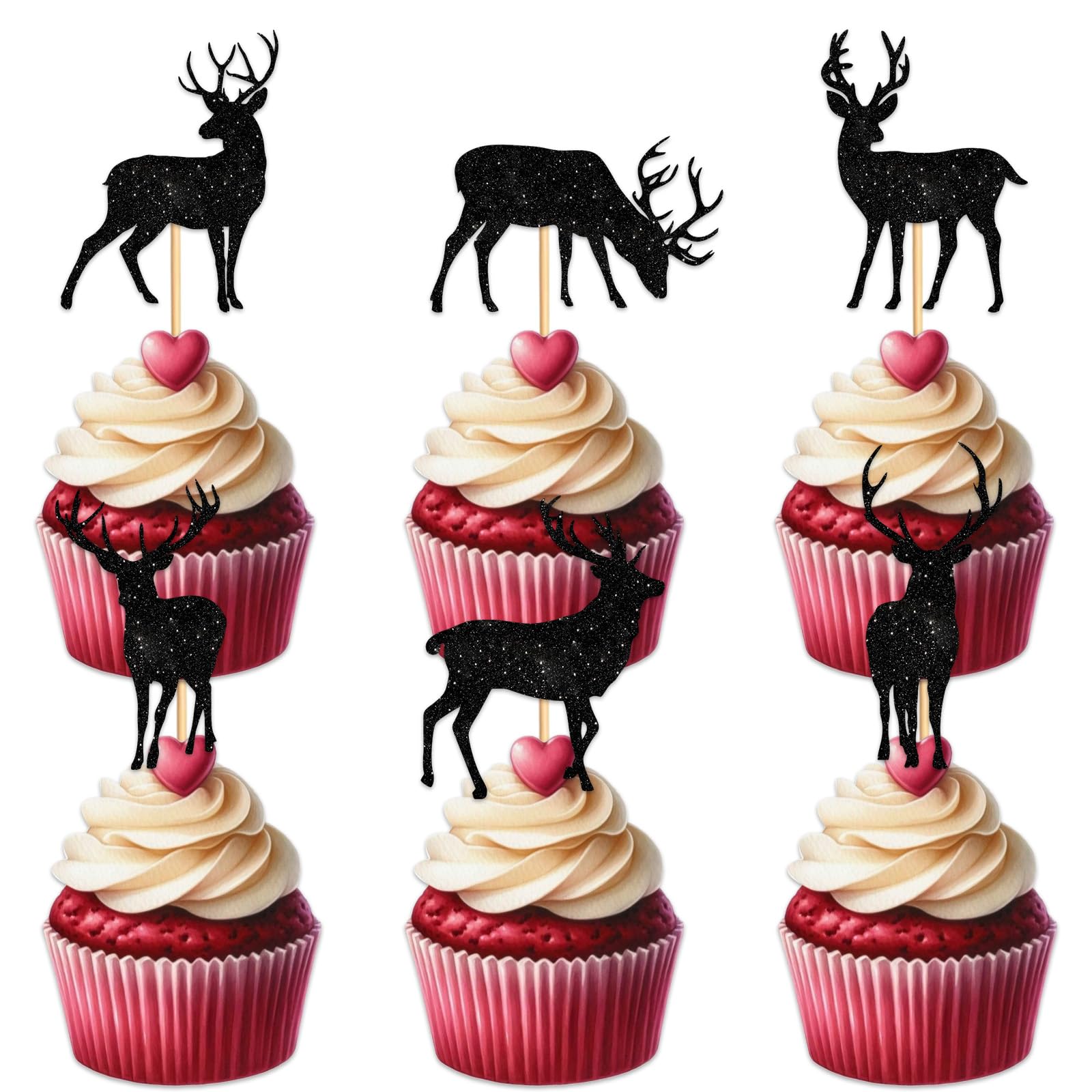 18pcs Black Glitter Silhouette Deer Head Cupcake Topper for Forest Wildlife Hunting Theme Party Background Decorations Men Women Kids Happy Birthday