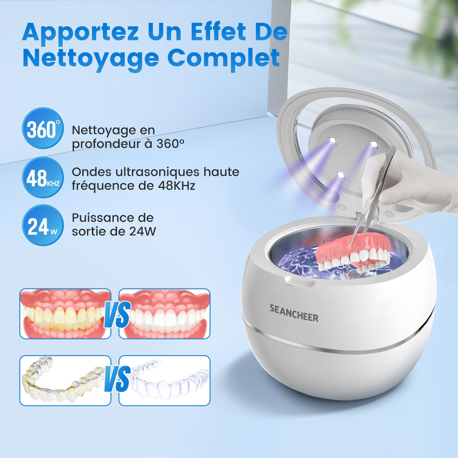SEANCHEER Nettoyeur Ultrasons 48000Hz Dental Pod | 180ML | Mini Ultrasonic Cleaner Portable avec Lampe UV pour | Prothese Dentaire | Gouttiere Dentaire Bruxisme | Aligneur | Retainer | (Blanc)