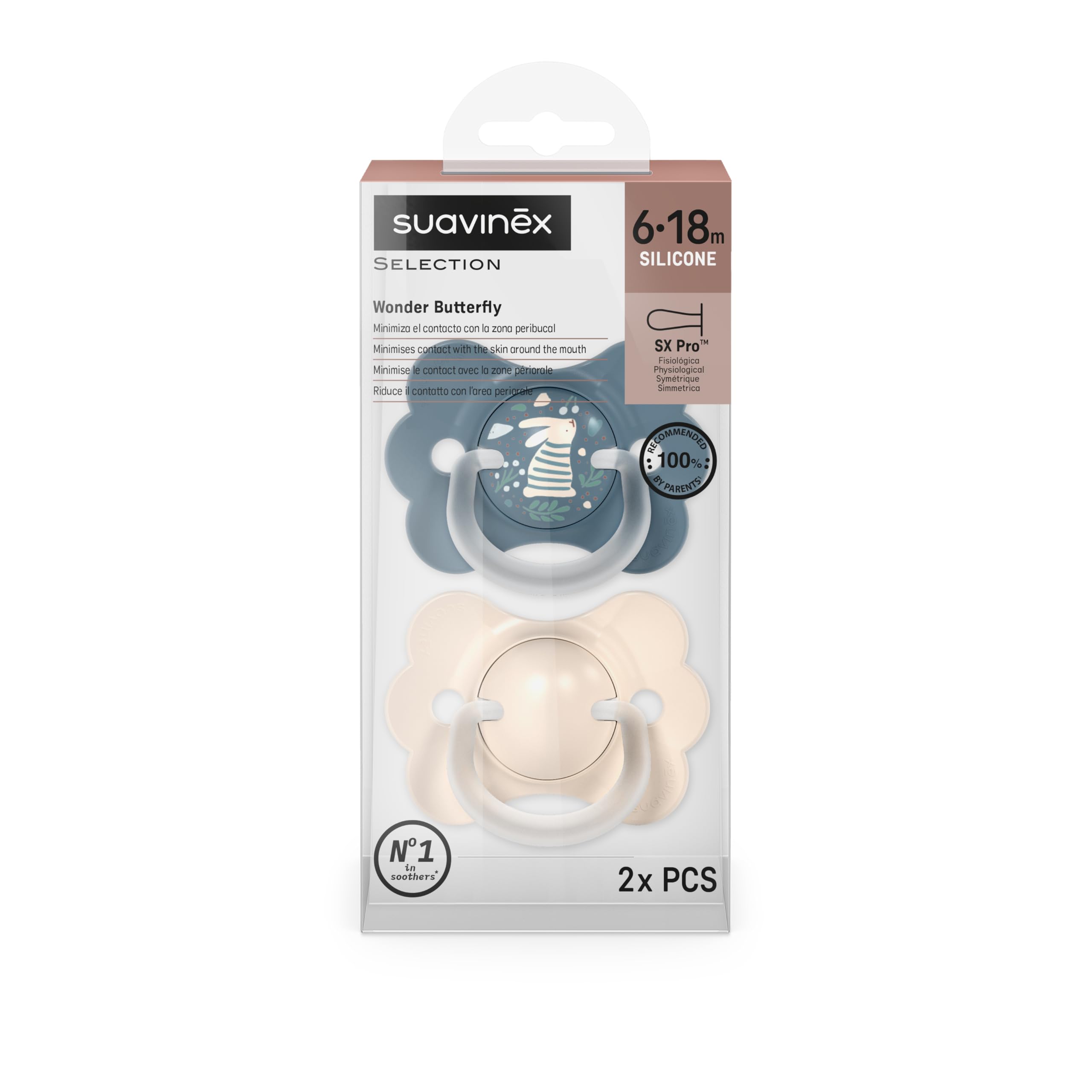 Suavinex, Pack 2 Chupetes Bebés 6/18 Meses, con Tetina Fisiológica de Silicona SX Pro, Simétrica, Plana y Flexible, Respeta el Desarrollo Bucodental, con Anilla, Evita Rozaduras, Wonder Beige + Azul — view 7