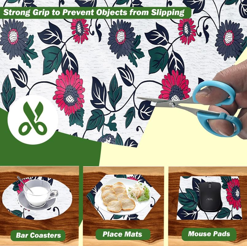 Image of Anti-Slip Kitchen Shelf Liner - 5 Meter Roll, Waterproof Multipurpose Mat for Fridge, Cabinet, Drawer, Trolley & Bathroom - Easy to Cut Floral Blue Print (White)