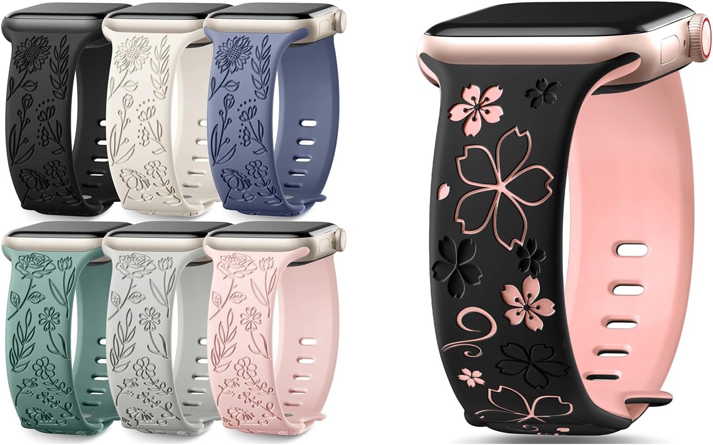 6 Pack Floral Engraved Bands & Two-Tone Floral Engraved Band Compatible with Apple Watch Bands for Women 40mm 41mm 42mm 38mm