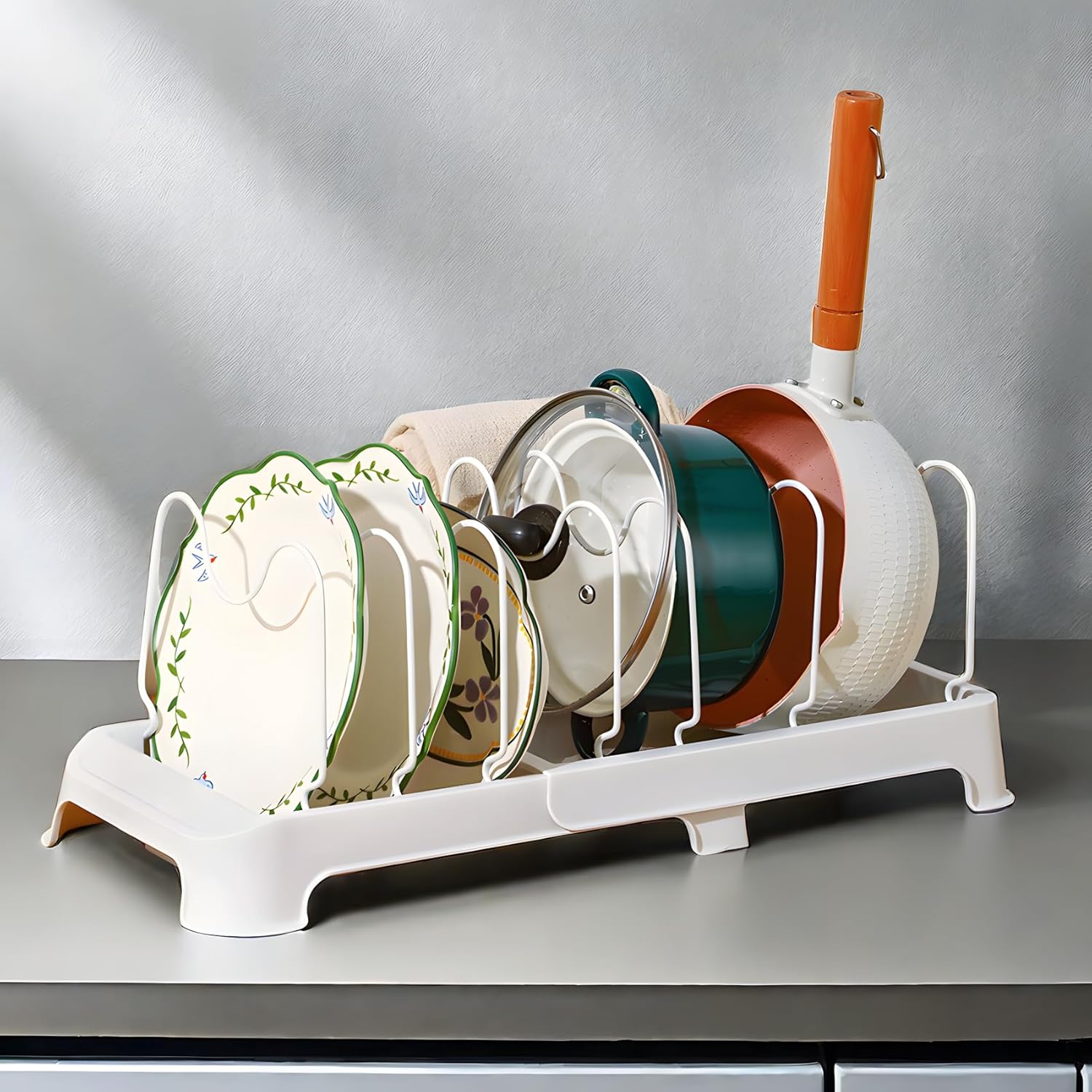 yozhch Kitchen Expandable Pots and Pans Rack, Drawer Cupboard Plate Lid