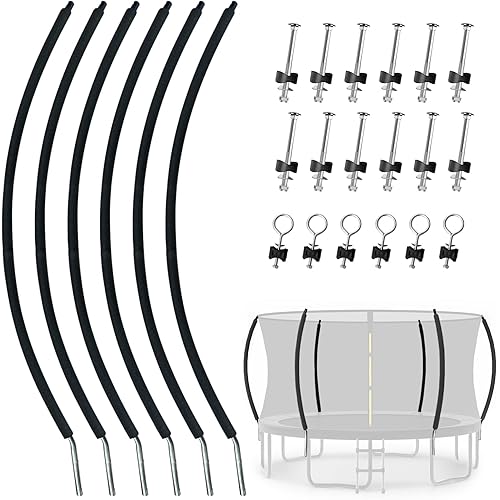 6 Sets Trampoline Curved Poles with Plastic Tube Cap, Foam Tubes Padding, Mounting Hardware, 10-16FT(10',12',14',15',16') Pumpkin Trampoline Bent Pole Replacement Parts