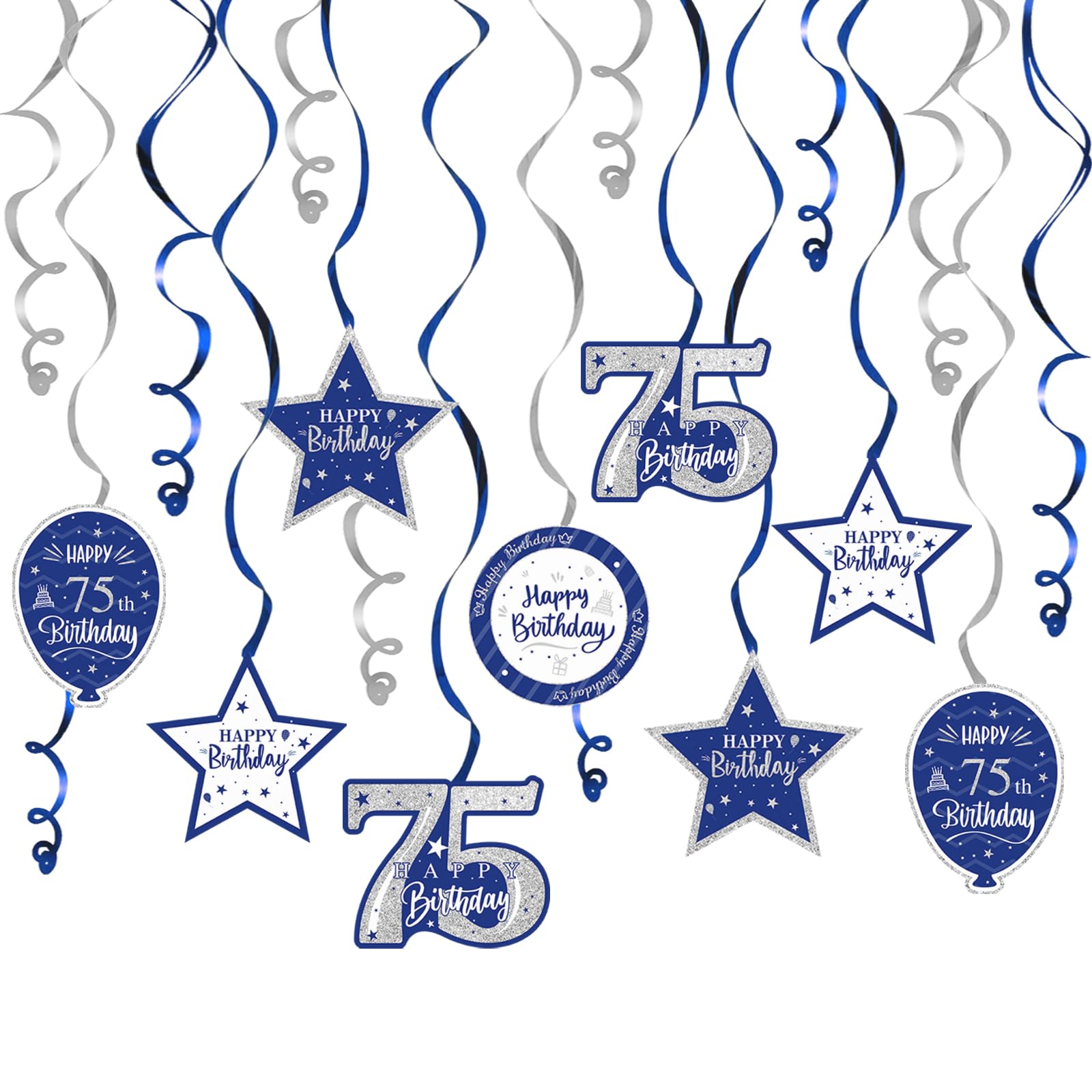 Nelbiirth Happy 75th Birthday Blue & Silver Glitter Swirls Streamers Party Decorations - 15 Pcs 75th Birthday Hanging Swirls Streamers Kit,Perfect for
